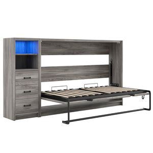 English Elm Twin Murphy Bed with Drawers & LED Light — Space-Saving Gray Cabinet Bed, Solid MDF/Pine, 800lb Capacity N709P002049D