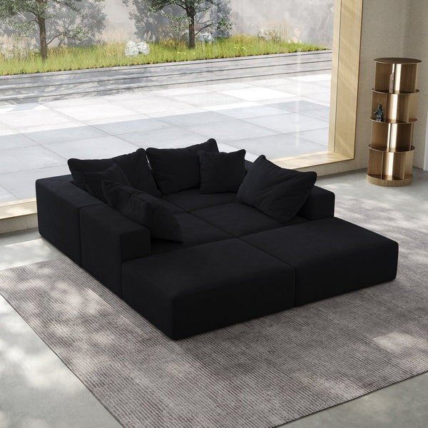 English Elm Oversized sponge cloud sofa modular 162" L-shaped sectional with chenille upholstery and 6 pillows, no-assembly comfort Black W834S00390