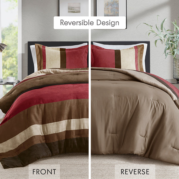 JLA Home Comfort Spaces - Pieced Faux Suede Comforter Set with Transitional Pieced Stripe Design, Lightweight Year-Round Warmth Brick AM10-0292
