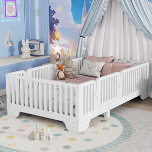 English Elm Twin Montessori Floor Bed with Safety Rails Hinged Door and Plywood Slats for Kids White W2593P381112