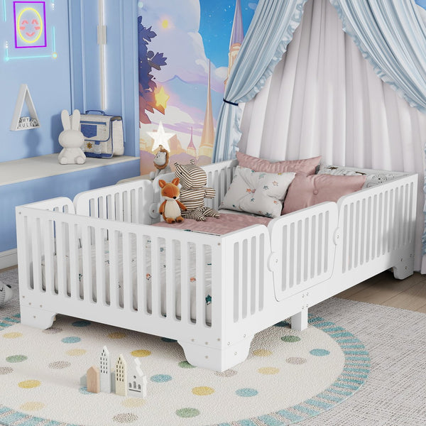 English Elm Twin Montessori Floor Bed with Safety Rails Hinged Door and Plywood Slats for Kids White W2593P381112