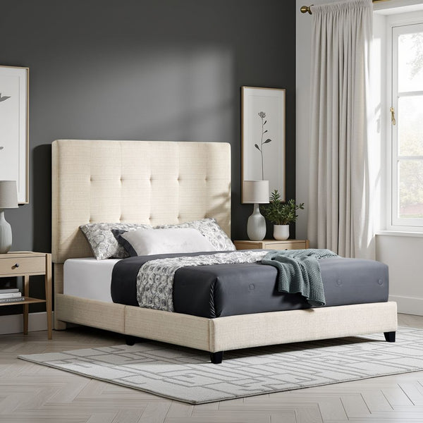 English Elm Queen Upholstered Panel Bed with Tufted Headboard, Modern Luxury Platform Frame, Easy Assembly Beige B108P160252