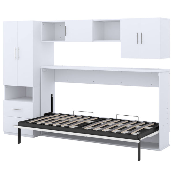 English Elm Twin Murphy Bed with Shelves Drawers Wardrobe & Fold-Down Desk White — Space-Saving Modern Guest Solution GX002022AAK