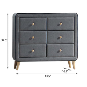 English Elm Light Grey Upholstered Double Dresser With 6 Drawers - Mid-Century Style, Ample Storage & Elegance B062P186553