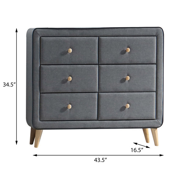 English Elm Light Grey Upholstered Double Dresser With 6 Drawers - Mid-Century Style, Ample Storage & Elegance B062P186553