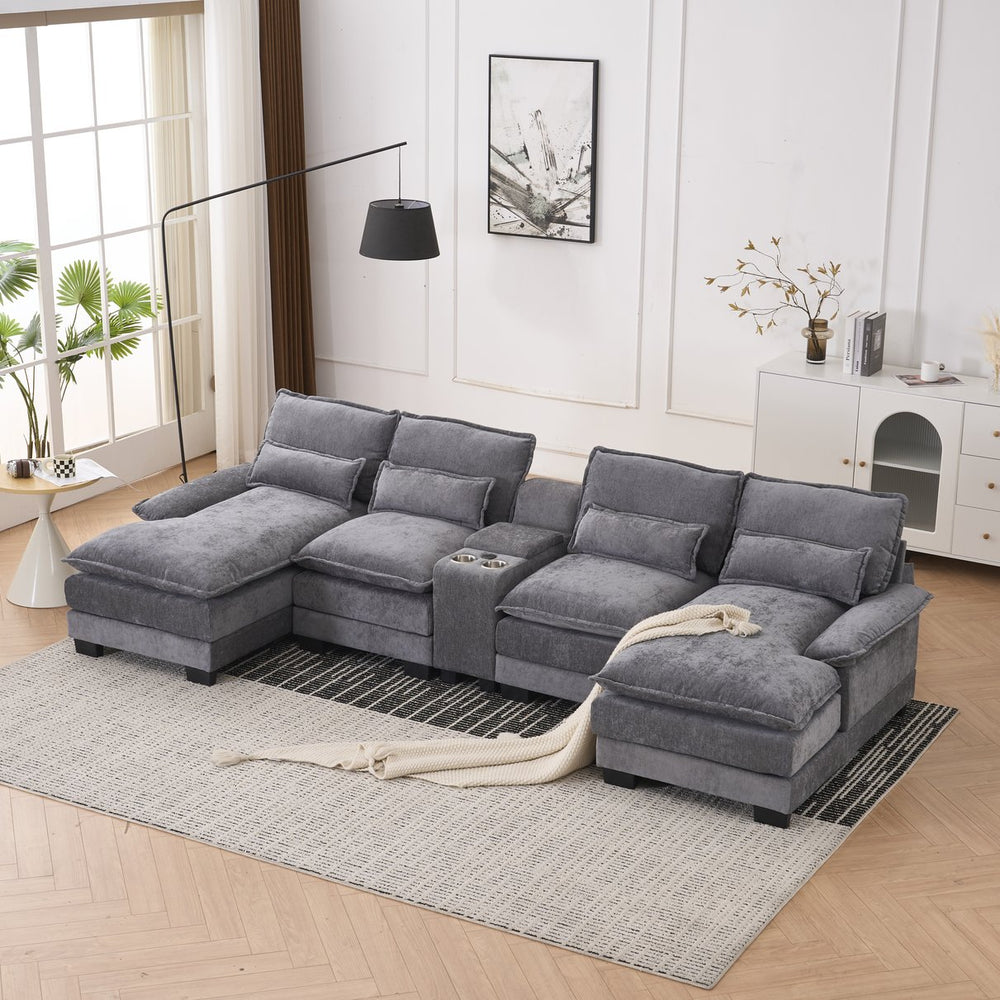 English Elm 123*55" Modern U-Shaped Sleeper Sofa with Double Chaise, Console, Cupholders & USB Ports, Grey W3401S00002