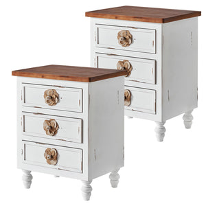 English Elm Vintage Farmhouse End Table with Floral Knobs 3-Drawer Rustic Nightstand Solid Wood Accents Antique White,Walnut W3306P318861