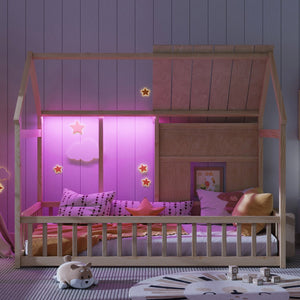 English Elm Twin House Frame Floor Bed Pinewood Build with Led Roofline Kids Bedroom Natural W697P435882