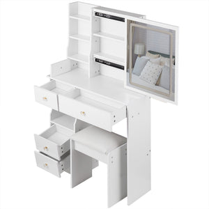 English Elm 29.2" Compact Left Drawer Vanity Table Set With Touch Control Led Mirror & Cushioned Stool For Small Spaces W3258P299611