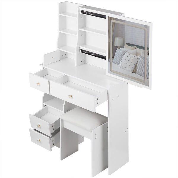 English Elm 29.2" Compact Left Drawer Vanity Table Set With Touch Control Led Mirror & Cushioned Stool For Small Spaces W3258P299611