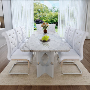 English Elm Modern 9 Piece Glam Dining Set Faux Marble Table Tufted Pvc Chairs Seats Eight Grey,White W3875S00059