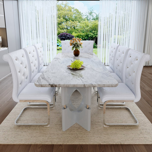 English Elm Modern 9 Piece Glam Dining Set Faux Marble Table Tufted Pvc Chairs Seats Eight Grey,White W3875S00059