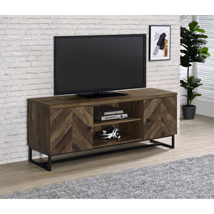 English Elm Chase Rustic Oak 2-Door TV Console with Chevron Doors & Black Sled Base — Modern Farmhouse Focal Piece B062P351448