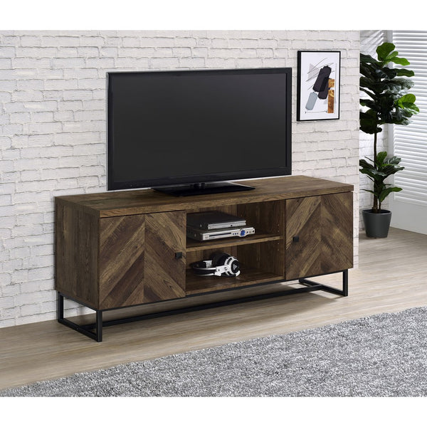 English Elm Chase Rustic Oak 2-Door TV Console with Chevron Doors & Black Sled Base — Modern Farmhouse Focal Piece B062P351448