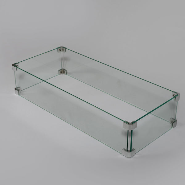 English Elm Rectangular Tempered Glass Fire Pit Wind Guard with Polished Aluminum Outdoor Patio Frame W853P206606