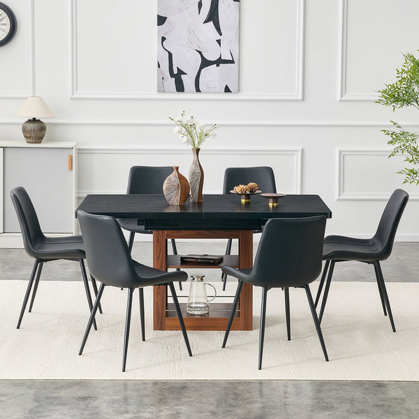 English Elm Expandable Walnut Finish Dining Set with Six Cushioned Pu Chairs for Modern Interiors Walnut+Black W1151S04700