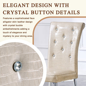 English Elm A Set of 2 Crystal Button Faux Leather Dining Chairs with Embossed Croc Texture Beige W3226P340250