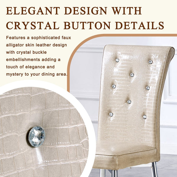 English Elm A Set of 2 Crystal Button Faux Leather Dining Chairs with Embossed Croc Texture Beige W3226P340250