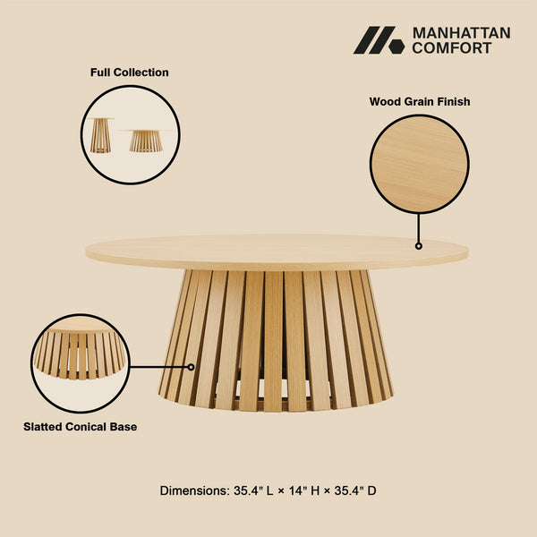 English Elm Layla Round Coffee Table with Slatted Conical Base, Wood Grain Finish, 35.4" Top for Stylish Living Room Decor Light Oak B365P398084