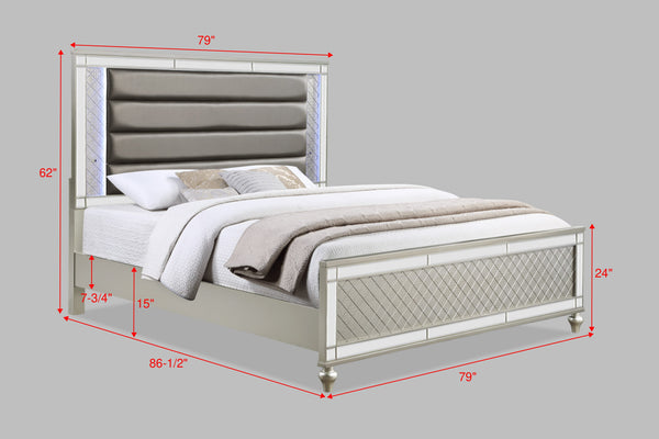 English Elm Modern Plush Channel Tufted Queen Bed with Integrated LED Lighting, Chic Metallic Finish, Elegant Design Silver 83.25 L x 44.5 W x 5.5 H B2741S00511