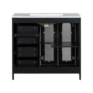 English Elm 36-inch ceramic basin vanity with patterned glass doors, gold round handles & ample storage drawers Black N729P184710B