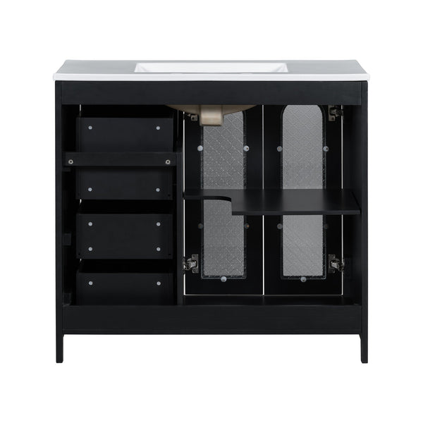 English Elm 36-inch ceramic basin vanity with patterned glass doors, gold round handles & ample storage drawers Black N729P184710B