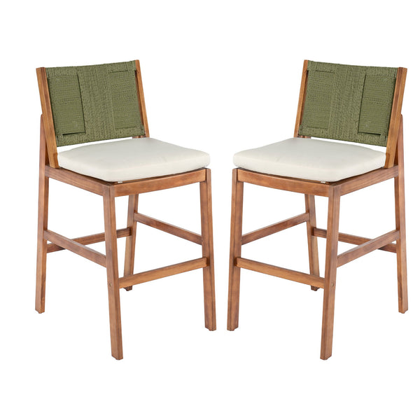 English Elm Outdoor Acacia Wood Barstools Set of 2 Wicker Back Patio Seating with Cushions Cream,Green,Teak N773P358719G