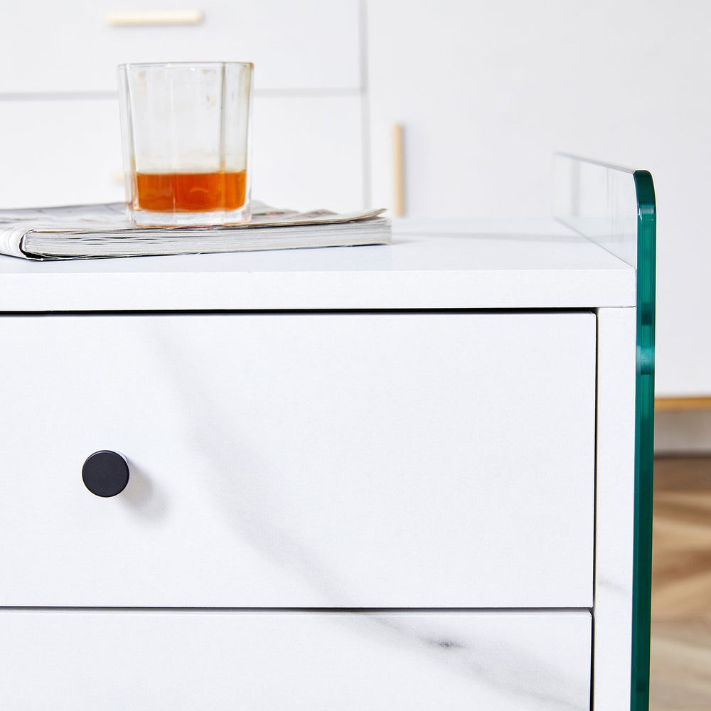 English Elm Double-drawer modern bedside table with MDF surface, tempered glass sides, elegant storage design W1151P191734