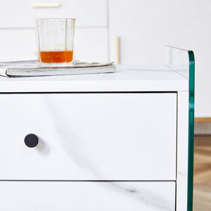 English Elm Double-drawer modern bedside table with MDF surface, tempered glass sides, elegant storage design W1151P191734