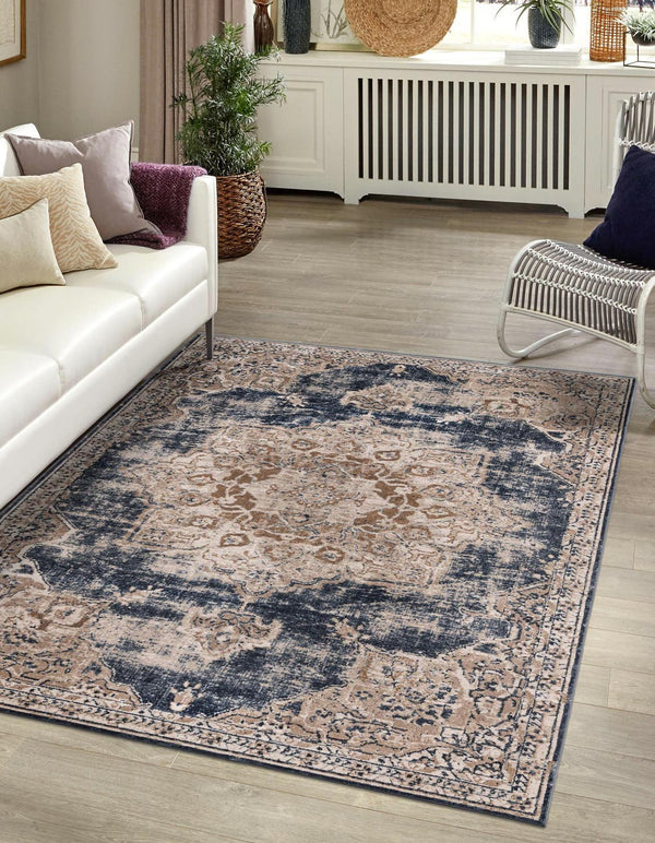 Unique Loom Chateau Roosevelt Machine Made Border Rug Dark Blue, Beige/Brown/Ivory 10' 0" x 14' 5"