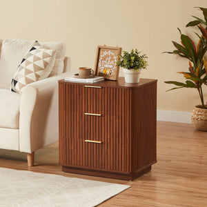 English Elm 3 Drawer Nightstand Pair Walnut Wave Textured Mdf Modern Bedroom Storage Set of Two W1820P436011