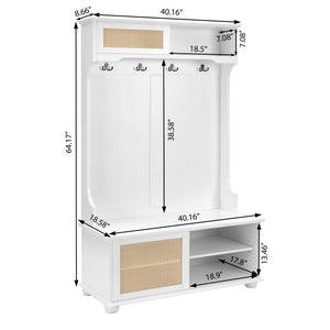 English Elm Clothes Hall Tree Storage Bench with Adjustable Shelves, Sliding Doors, Solid Poplar Feet & Shoe Bench White W2275P210040