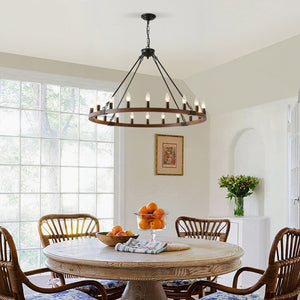 English Elm 39.3 Inch Wood Wagon Wheel Chandelier with Seeded Glass Shades 20-light Farmhouse W5008P464781