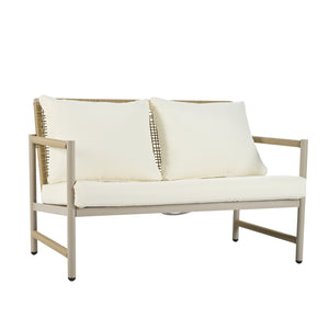 English Elm 4 Piece Patio Rattan Set with High-Rebound Cushions and Wood-Grain Tempered Glass Tabletop, Stylish Outdoor Conversation Sofa for Garden Balcony Poolside White+Natural W2337S00002