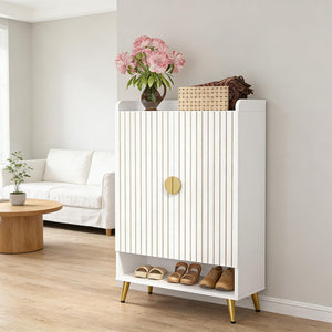 English Elm Rustic Seven Tier Shoe Cabinet with Swing Doors Adjustable Entryway Organizer Gold,White T3971P448652