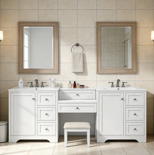 English Elm 84" Double Sink Vanity with Stone Countertop Six Soft Close Drawers and Silver Knobs White N817P404196W