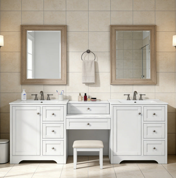 English Elm 84" Double Sink Vanity with Stone Countertop Six Soft Close Drawers and Silver Knobs White N817P404196W