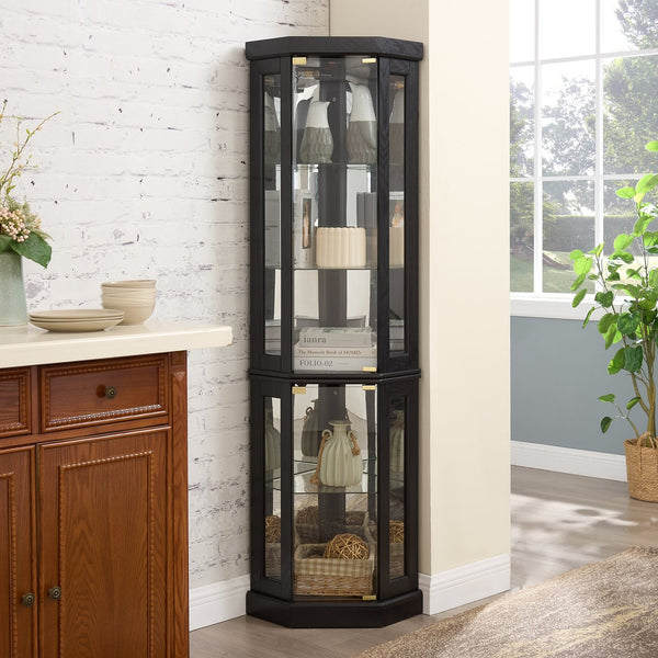 English Elm Lighted Corner Curio Cabinet - Elegant Display Case With Built-In Lighting For Antiques & Collectibles W2275P292657