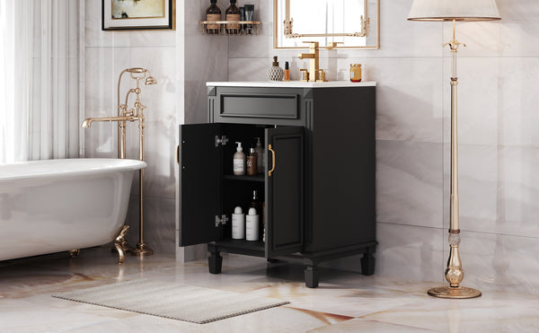 English Elm 24'' Bathroom Vanity with Sink - Solid Wood Frame, Glossy Ceramic Basin, Soft-Close Doors & Ample Storage Elegant Modern Design, Durable MDF Construction, Retro Metal Handles, Compact 24-inch Cabinet Black N710P317675B
