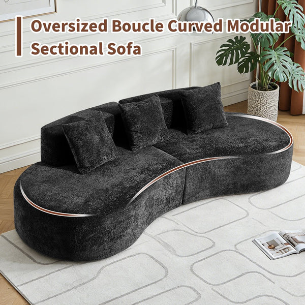 English Elm 3-seater Velvet Curved Sectional Sofa Plush Cloud Design for Open Living Rooms Black W1765S00124