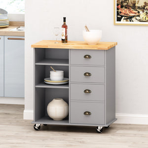 English Elm Christopher Knight Home® - Kitchen Island Cart with Rubberwood Top, Rolling Storage Cabinet with Drawers & Locking Casters Grey 67757.00NATGRY