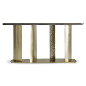 Bernhardt Trost Dorado Gold Metal Console Table with Bracken Mahogany Top — Sculptural Turned Pillars, Sleek Silhouette 347917