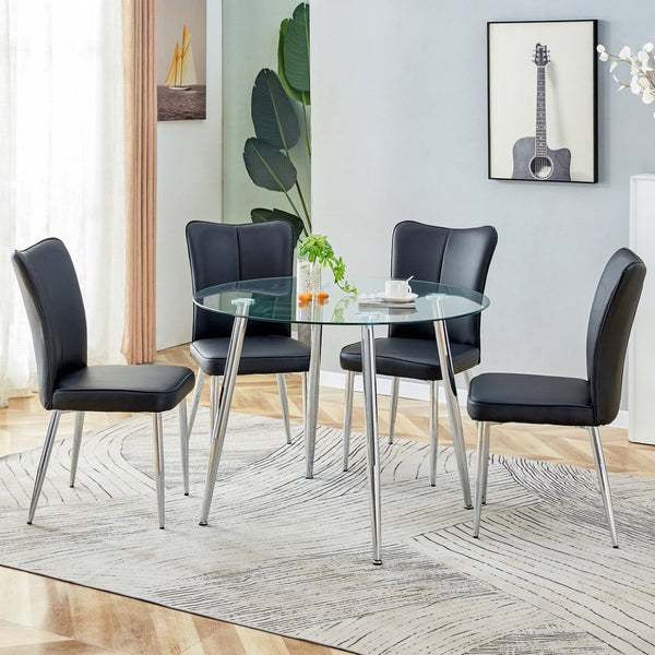 English Elm Table And Chair Set - Modern 38.6" Glass Dining Table With Silver Legs & 4 Stylish Black Pu Chairs W1151S03821-GIGA