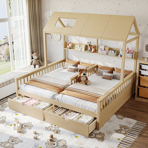 English Elm Double Twin House Bed Pine Wood Frame Kids Playhouse Bunk with Storage Drawers Natural W5305S00007
