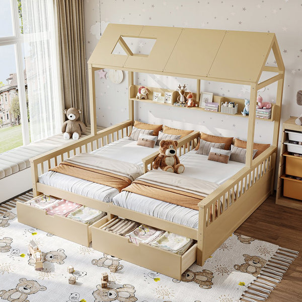 English Elm Double Twin House Bed Pine Wood Frame Kids Playhouse Bunk with Storage Drawers Natural W5305S00007