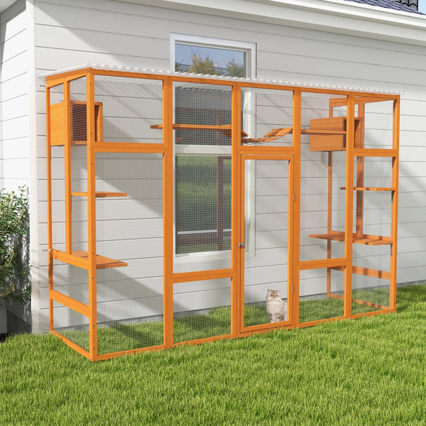 English Elm Wooden Pine Cat Enclosure with Six Platforms Two Condos Bridge and Scratching Post W2181P198547