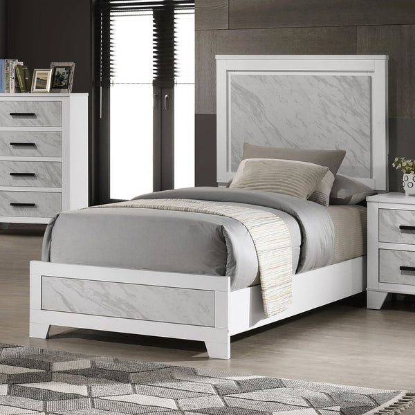 English Elm Contemporary White Twin Bed With Faux Marble Headboard - Stylish Rubberwood Frame Furniture Set B2741S00713