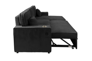 English Elm Contemporary Black Corduroy Sectional with Usb Charging Storage Chaise Sleeper Sofa B011S02176