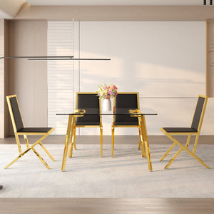 English Elm Table and Chair Set 7 Piece Round Walnut Mdf Industrial Dining with Pu Seats Black+Gold,Transparent W1151S04790