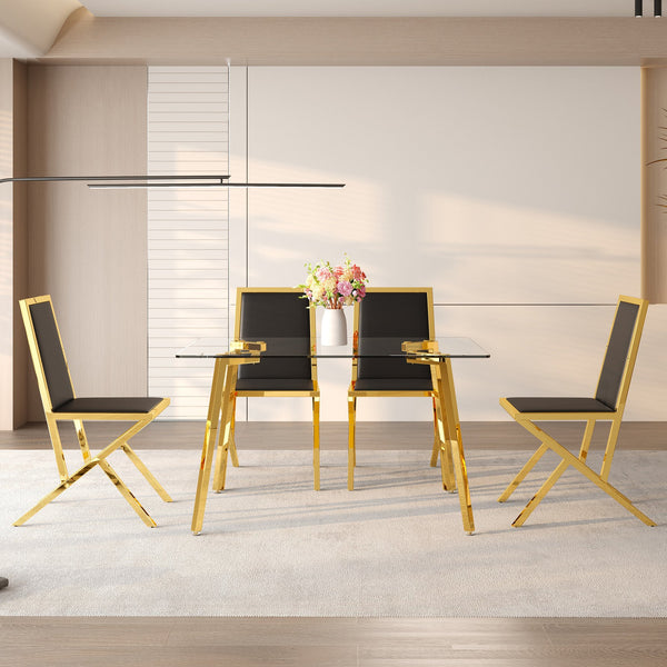 English Elm Table and Chair Set 7 Piece Round Walnut Mdf Industrial Dining with Pu Seats Black+Gold,Transparent W1151S04790